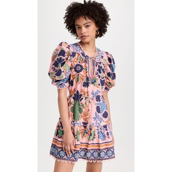 FARM RIO Seashell Tapestry Pink Mini Dress XL Organic Cotton Puff Sleeves Tassel - Picture 4 of 14